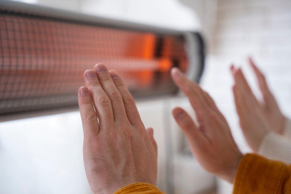 close up people warming up hands near heater 23 2149339533