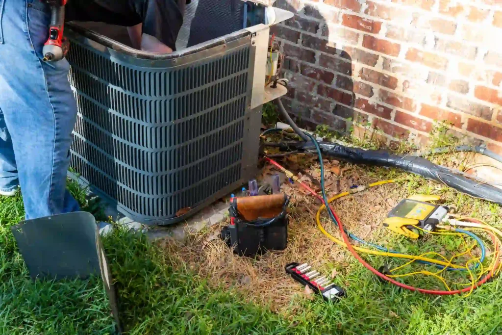 A technician in blue jeans works on an outdoor air conditioning unit, which is a large, rectangular metal box with grates on the side, next to a brick wall. A variety of tools and gauges with red, yellow, and blue hoses are laid out on the dry grass, and a black bag holding tools sits near the unit's base. The technician is using a drill or similar power tool on the top of the unit. The overall scene suggests a routine maintenance or repair job on the AC.