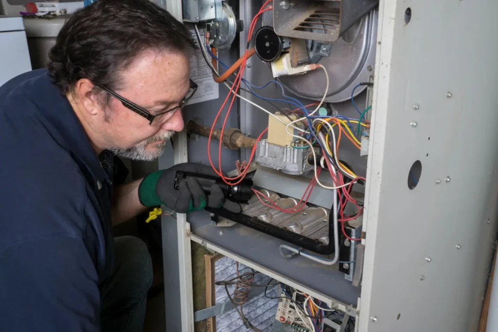 A male technician wearing glasses and a glove inspects the inside of a furnace with a flashlight.