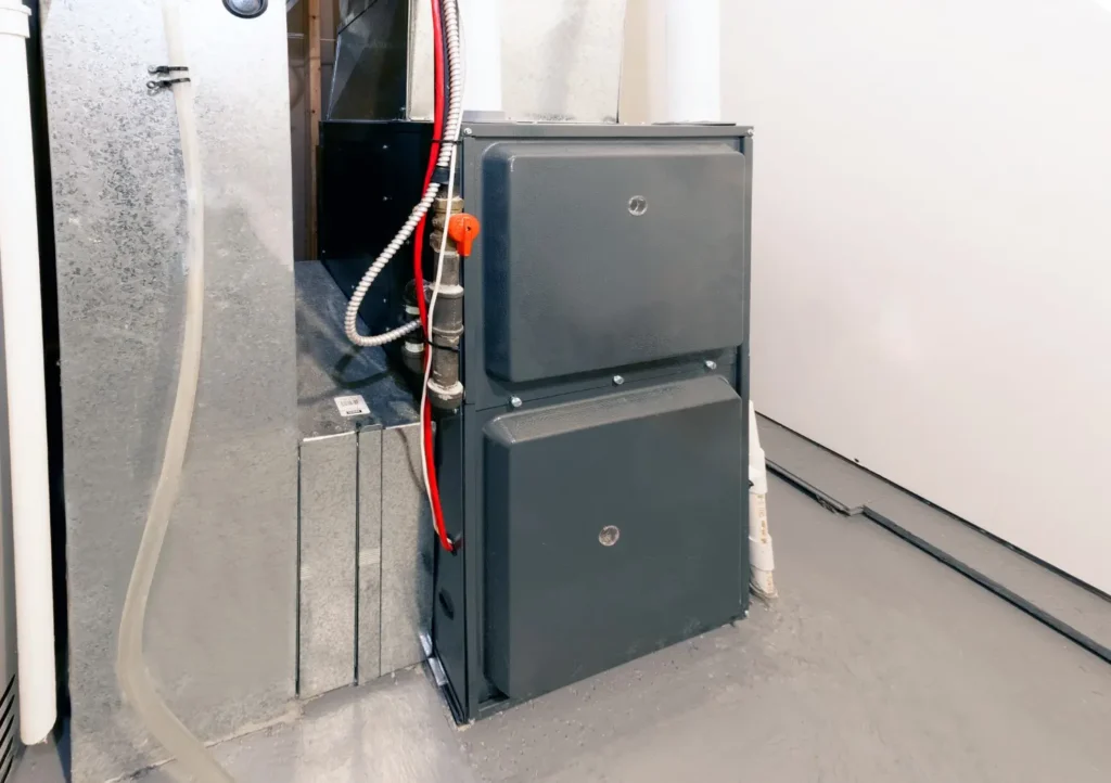A modern, dark gray furnace is installed next to a large metal duct in a basement or utility room.