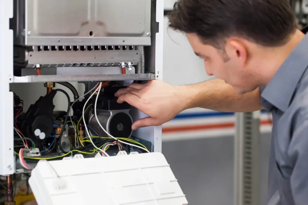 A repairman in a blue shirt is servicing the internal components of a gas furnace.