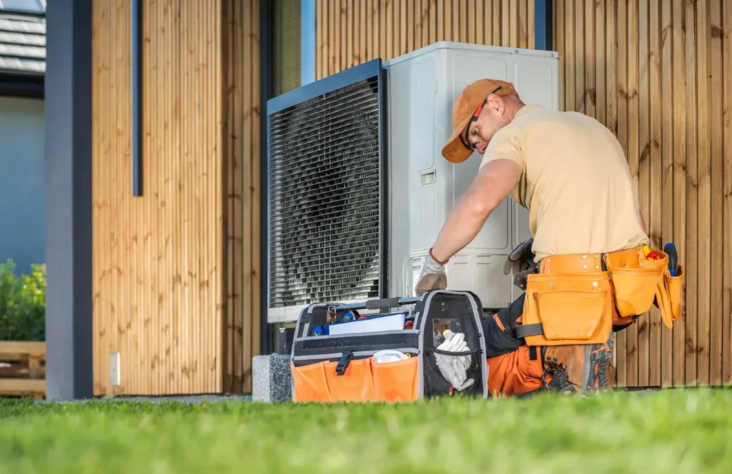 A male technician with an orange tool belt is servicing an outdoor heat pump unit next to a modern wood-paneled house.