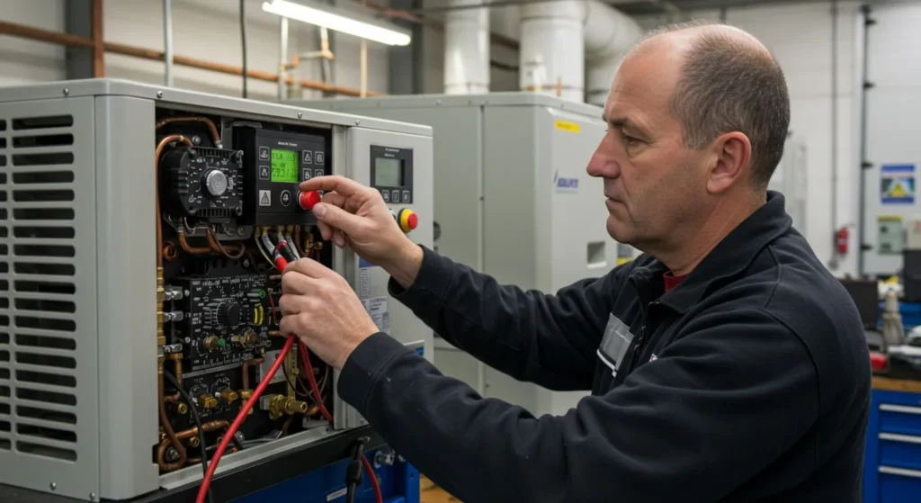 Man repairing an industrial heat pump system.