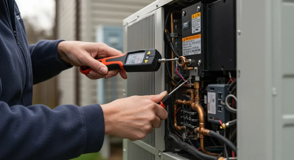 Woman technician checking heat pump electrical connections.