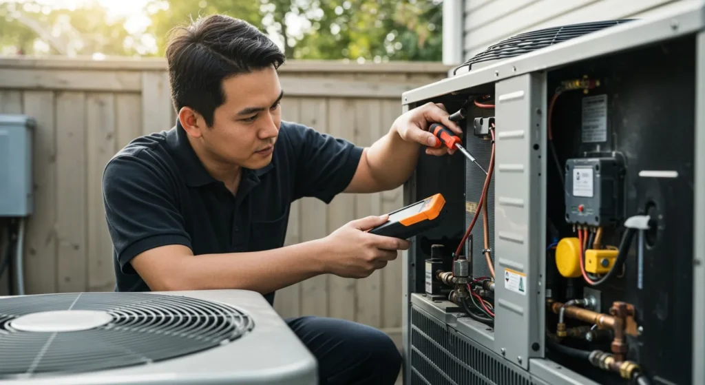 Asian technician checking residential heat pump.