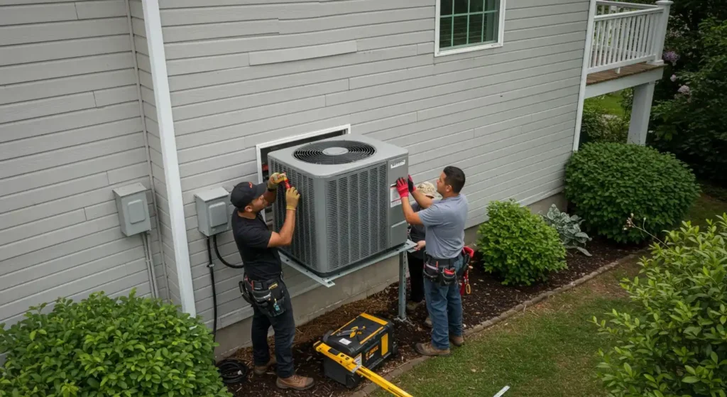 Two technicians installing a large heat pump unit.