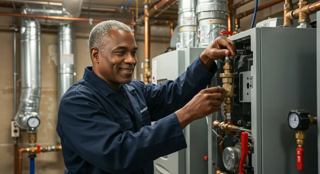 technician adjusting valve on heater.