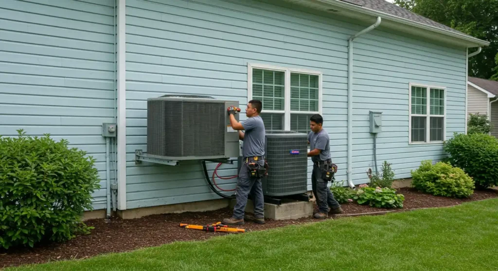 Two technicians installing heat pump units next to a house.