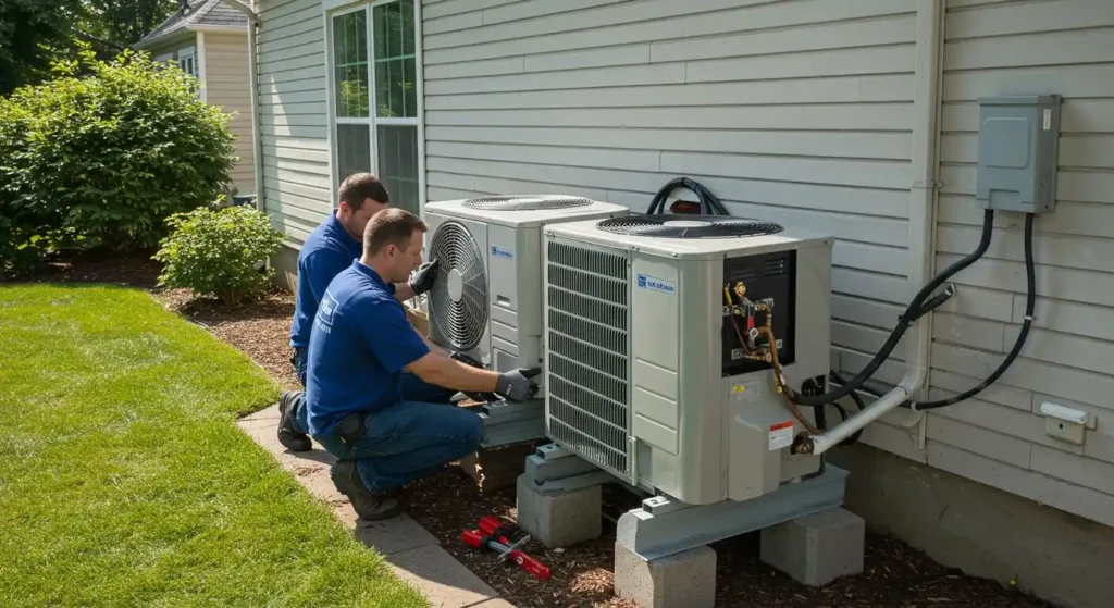 Two technicians installing a large heat pump unit.