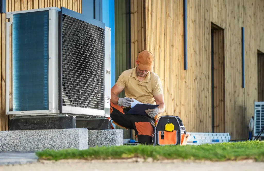 HVAC technician inspecting residential heat pump unit outdoors.