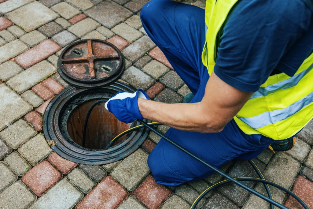 A worker in a yellow vest and gloves inspects a sewer with a cable on a brick pavement.