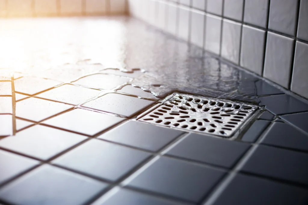 Water flows over white tiled floor into a metal drain with sunlight reflecting off the wet surface