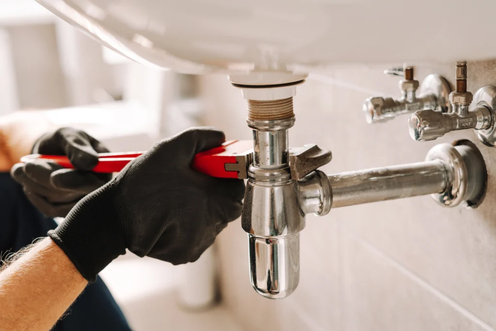 Close-up of a plumber's gloved hands using a red wrench to tighten a metal pipe under a bathroom sink.