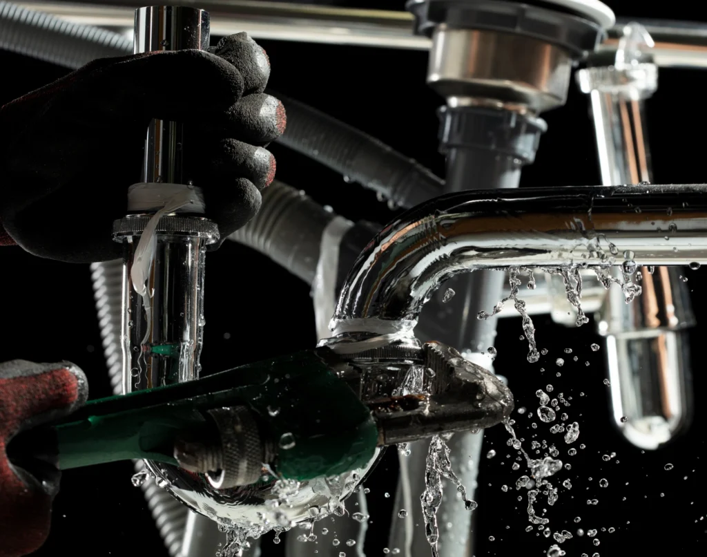 Plumber fixing a leaking chrome pipe with a wrench, water splashing down.